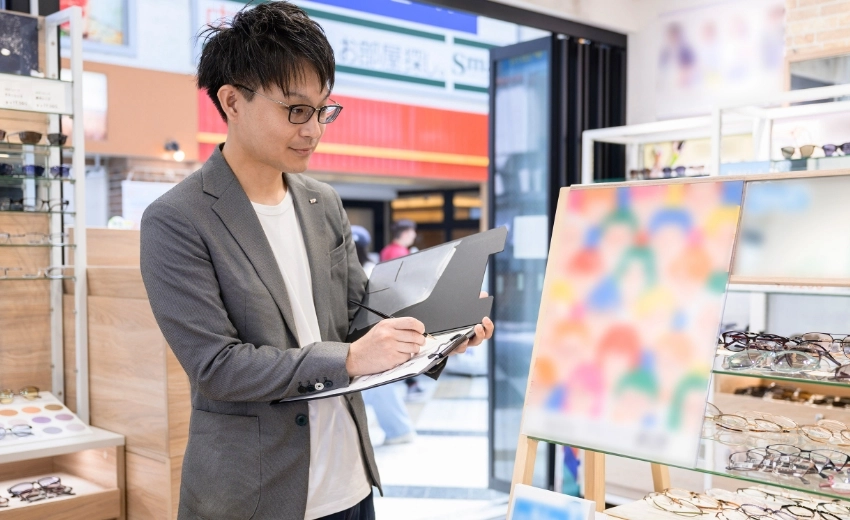 T.Y.さん　バインダーを持って店内商品をチェックしている様子