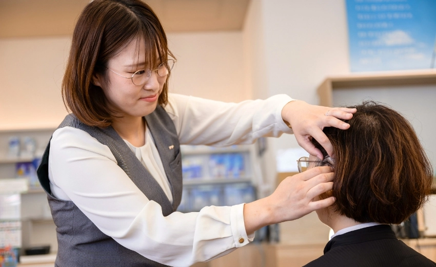 H.Y.さん　お客さまにメガネのフィッティングを行っている様子